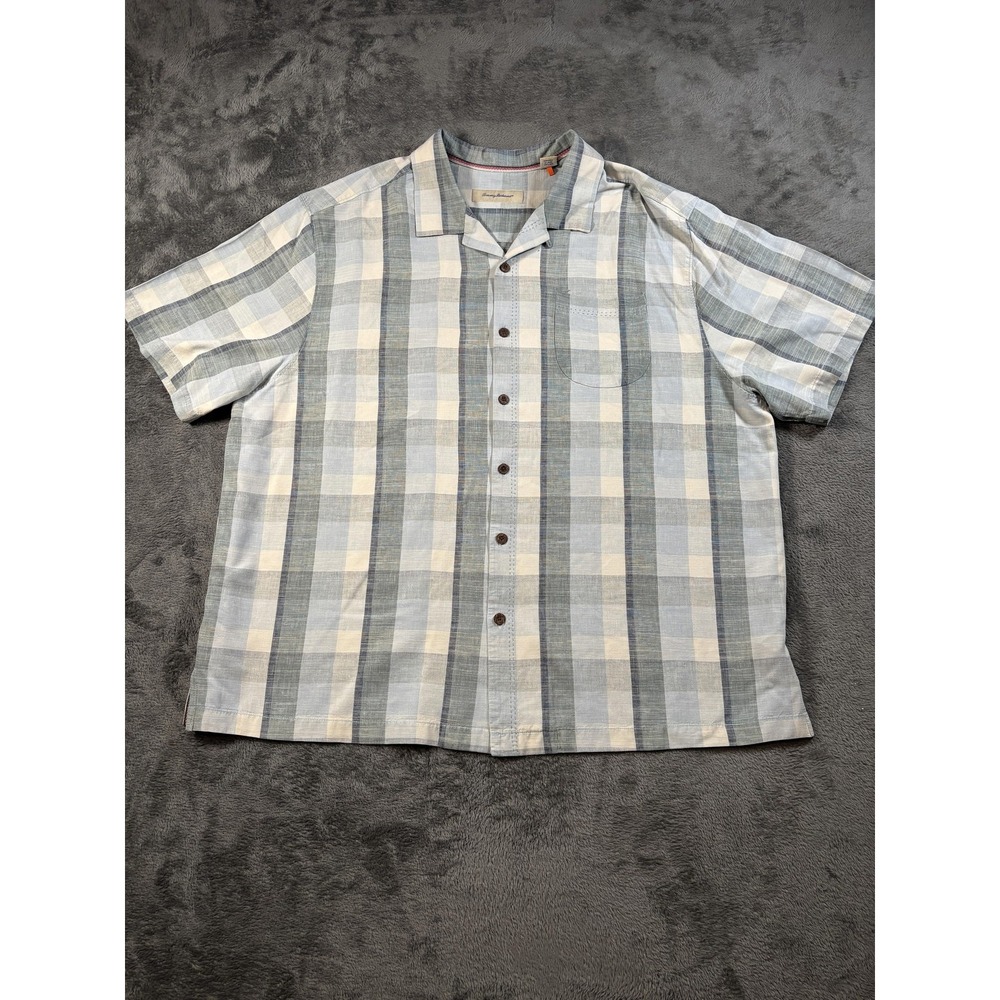 Tommy Bahama Shirt Mens Big 2X Blue Plaid Short Sleeve Silk Button Up Casual